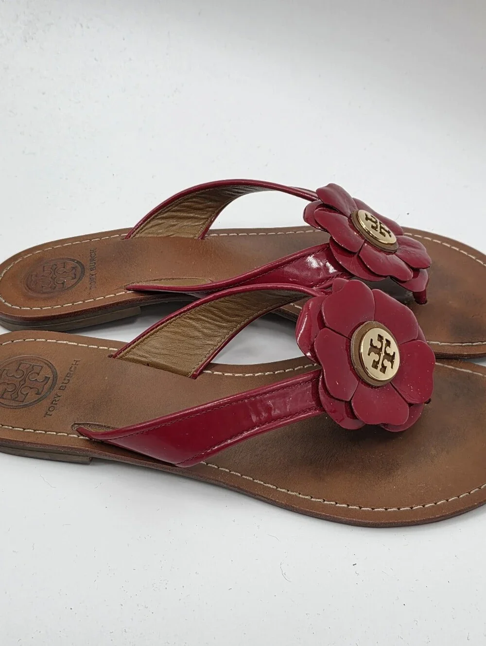 Tory Burch Red Patent Leather Flower Thong Sandals